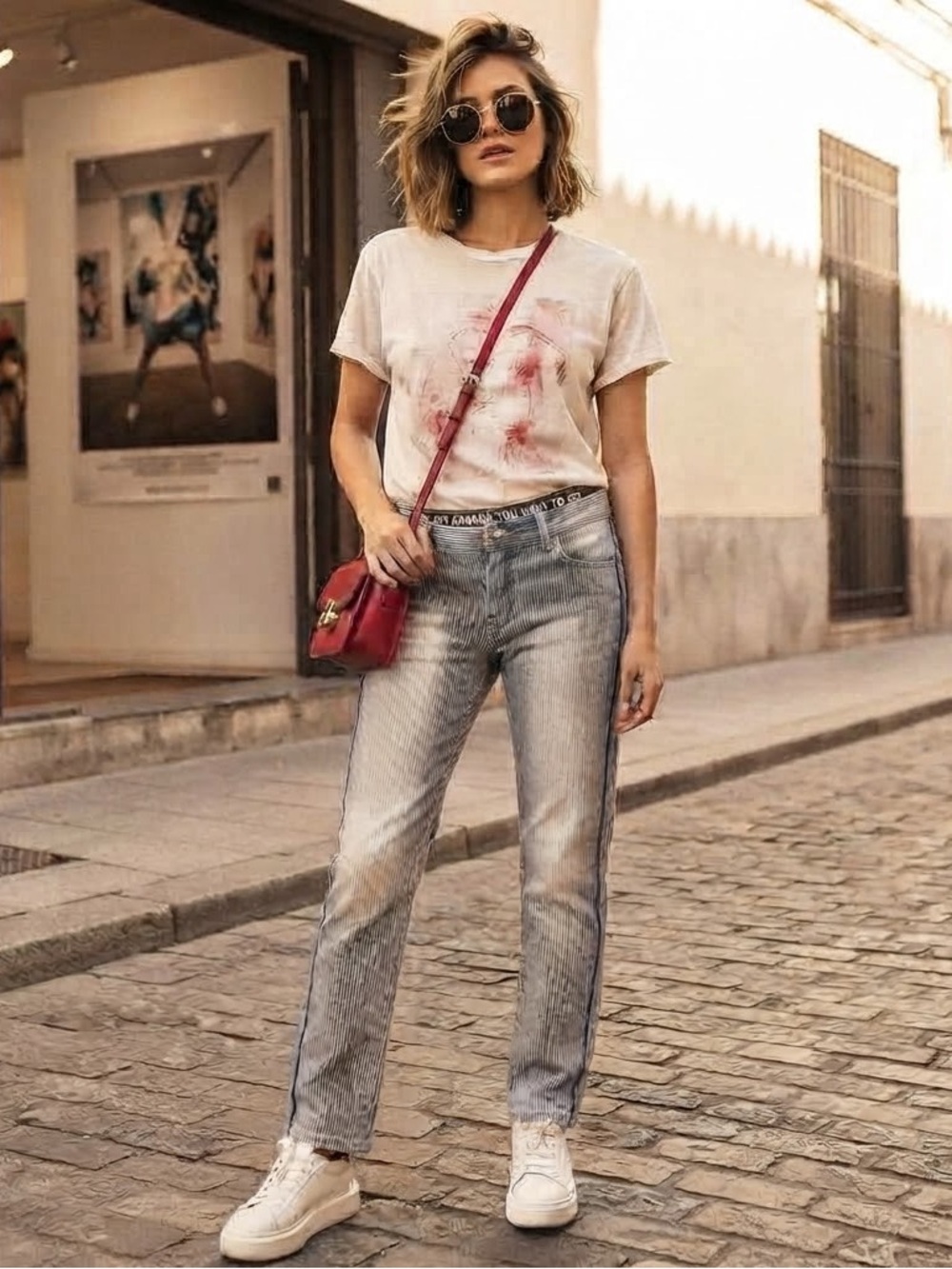 EACH x OTHER Striped Mid Rise Straight Leg Boyfriend Jeans Art Collab NWT 31